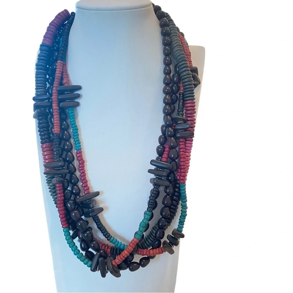 Wooden tribal multi strand multicolor necklace black red 11”